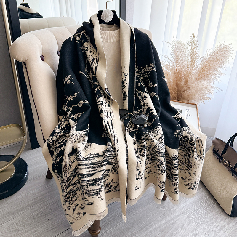 Cashmere Throw Blanket - Women Winter Cashmere Scarf White Crane
